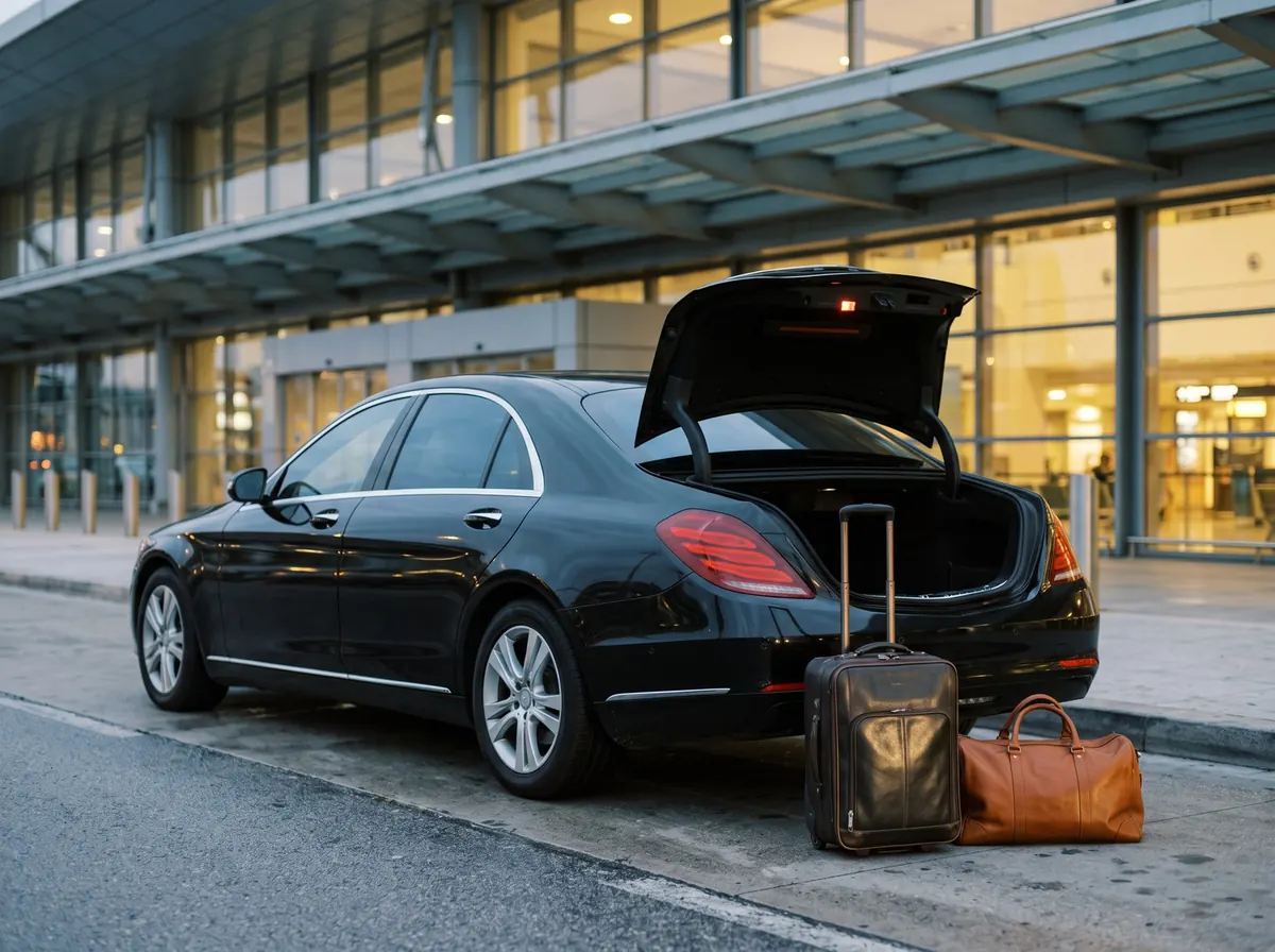 Illustration: a black sedan at an airport kerb with suitcases beside its open boot