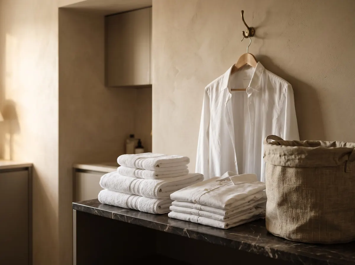 Illustration: folded white towels and shirts on a marble shelf beside a laundry basket